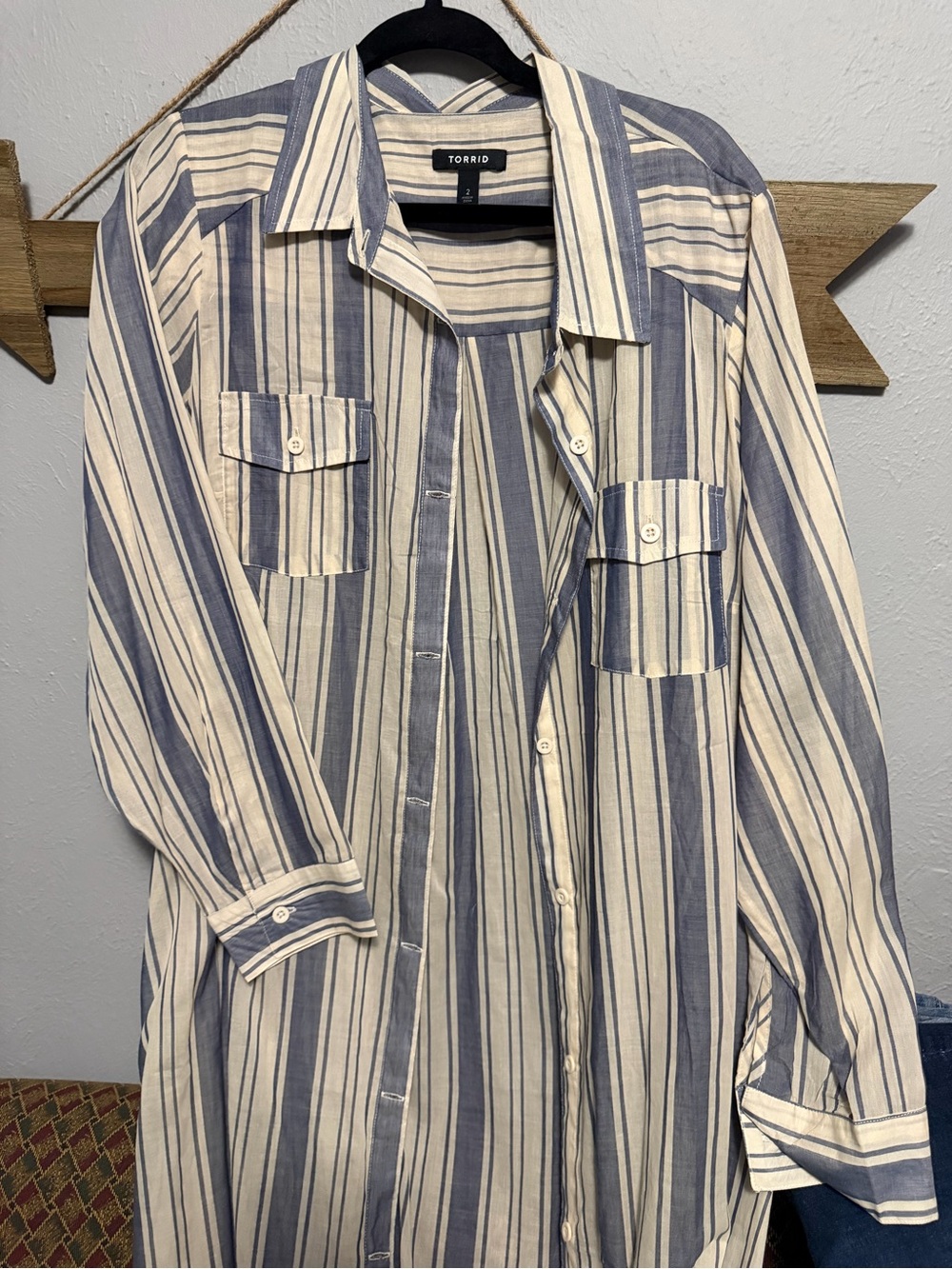 torrid Blue and Cream Vertical Stripe Shirt Dress